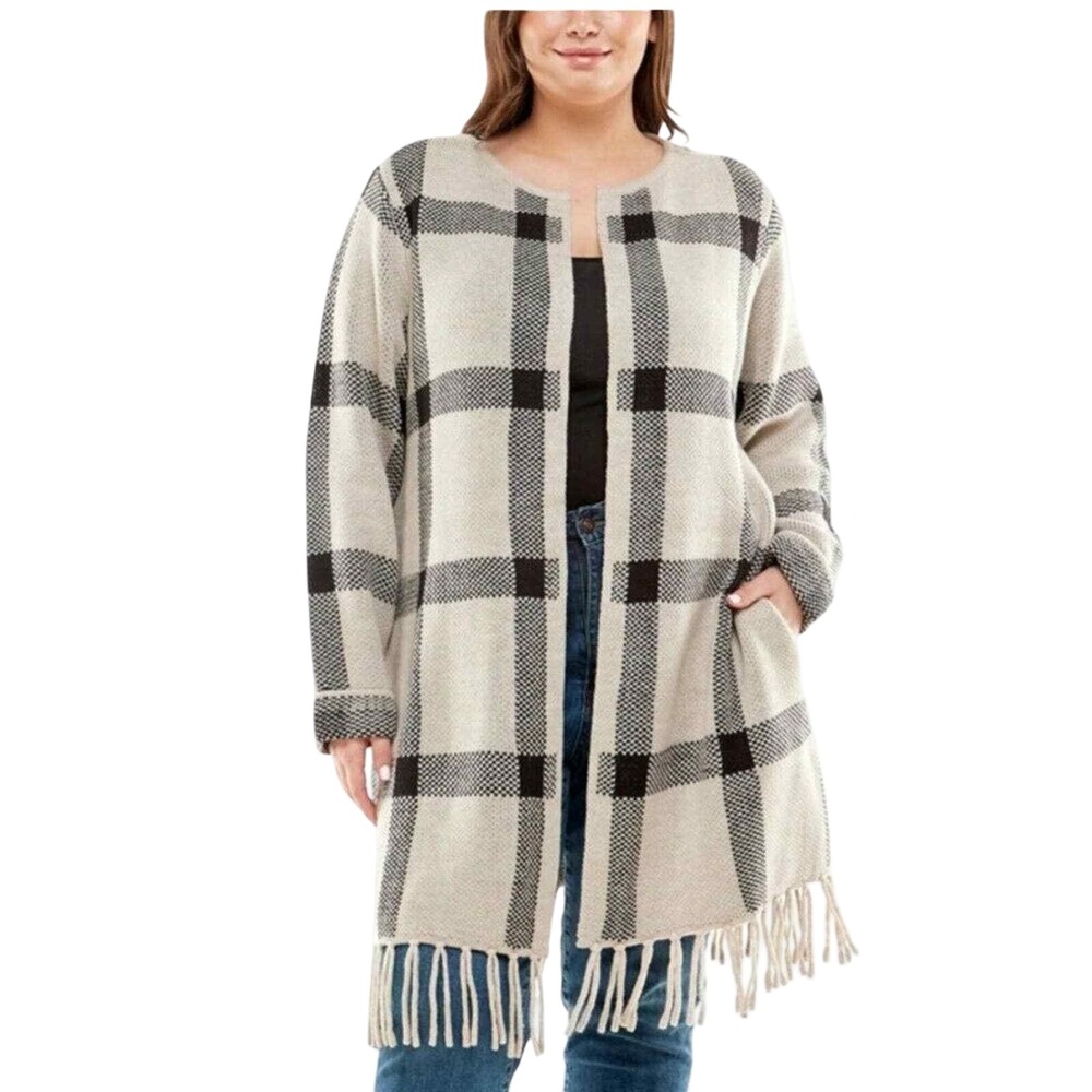 Adrienne Vittadini 3X Plaid Fringe Open Front Cardigan Sweater VS62526 New